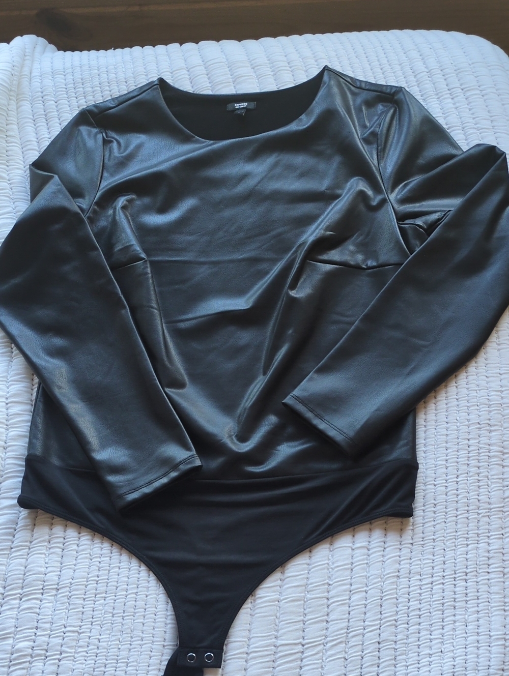 Faux Leather Black Long-Sleeve Bodysuit - Women